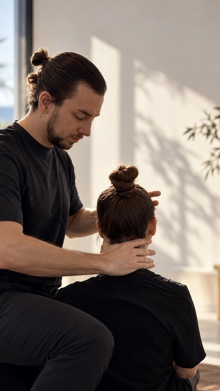 Iurii Malinin during a session, hands resting on the neck of a seated person, in a bright interior
