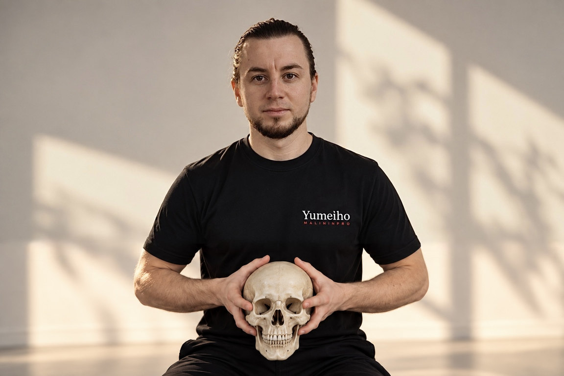Iurii Malinin holding a skull, a reference to the study of anatomy