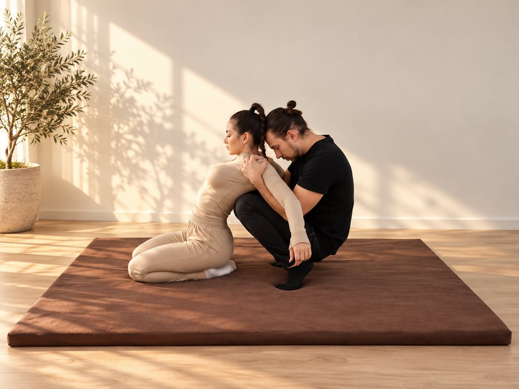 Yumeiho® session mobilising the shoulder on a mat, in a bright private interior